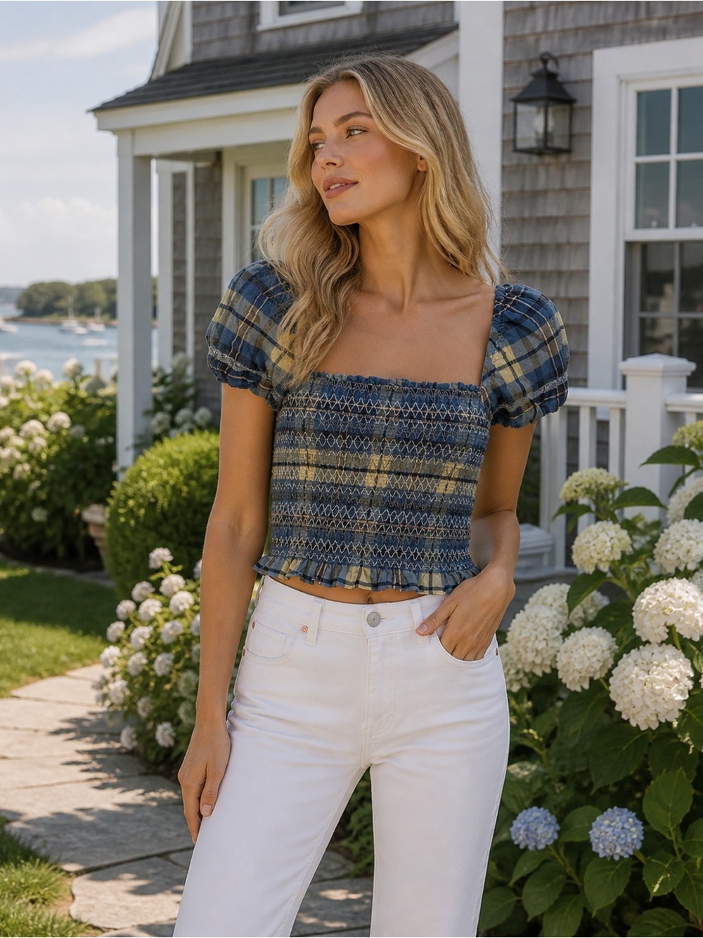 LoveShackFancy Blue Plaid Smocked Crop Top | Cottagecore Puff Sleeve Top M